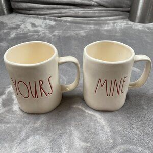 Rae Dunn Magenta Ivory Large Red Letters Yours & Mine Ceramic Coffee Tea Mug Set